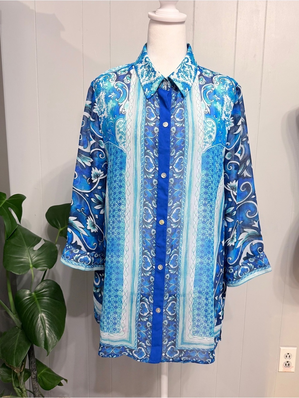 #17)  Chico's  Sheer Blue Multi-Pattern Button-Down Shirt
